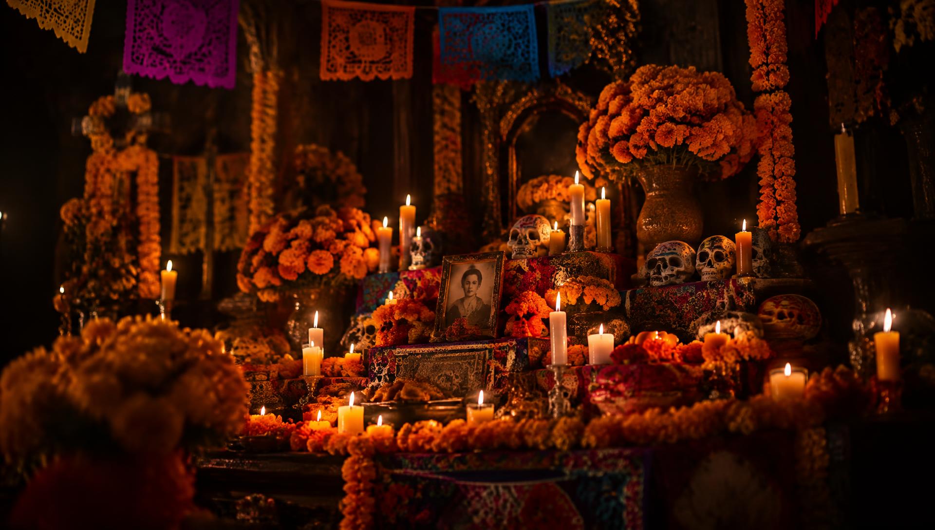Ofrenda de Día de Muertos con cempasúchil y veladoras